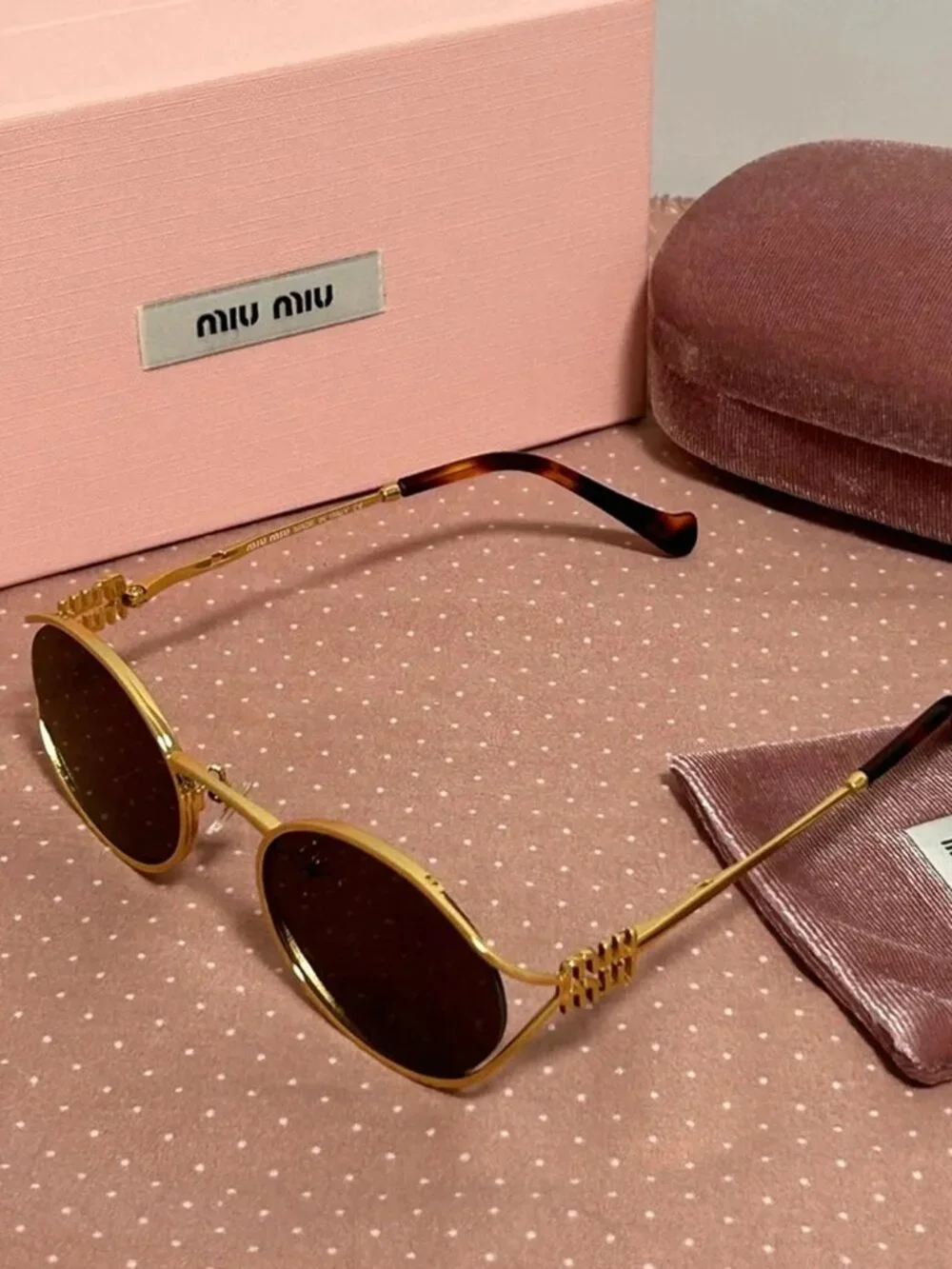 Miu Miu Gold Round Metal Sunglasses with Dark Lenses